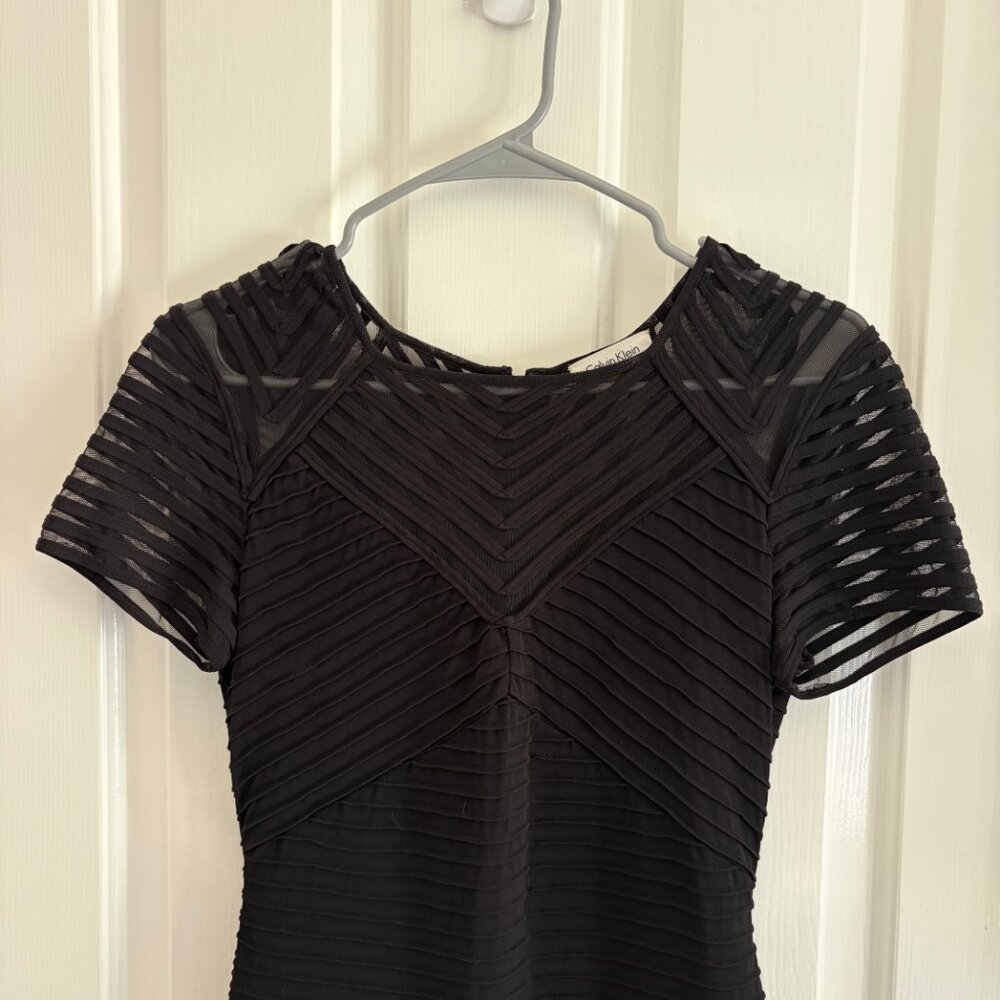 Calvin Klein Black Ribbed Cap Sleeve Illusion Neckline Mesh Maxi Dress